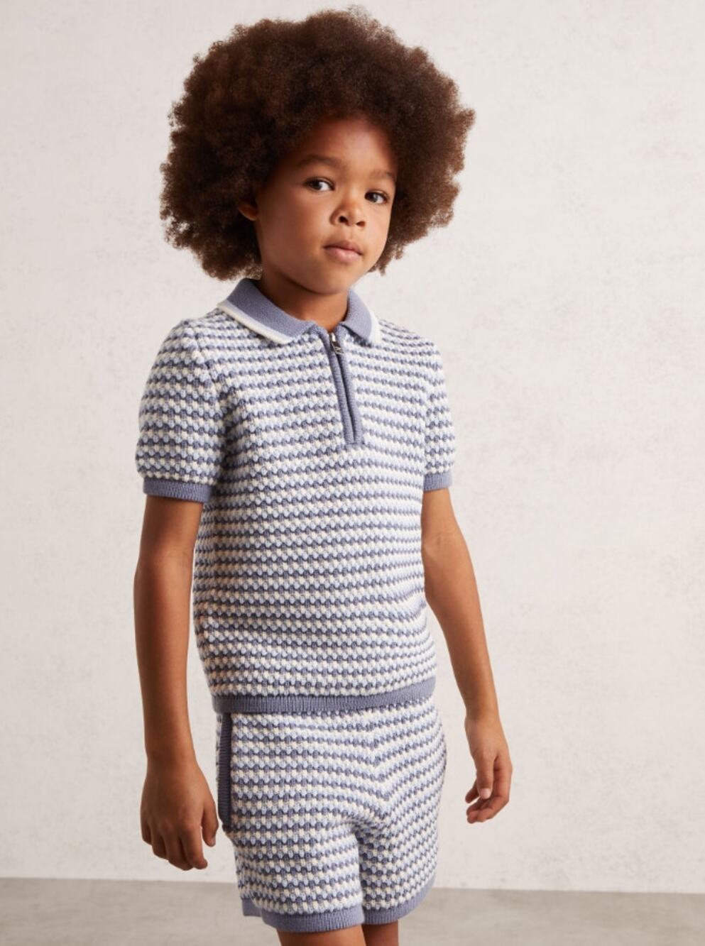 Reiss Keaton Blue White Stripe Chunky Knit Half Zip Polo Shirt Youth Kids 10-11